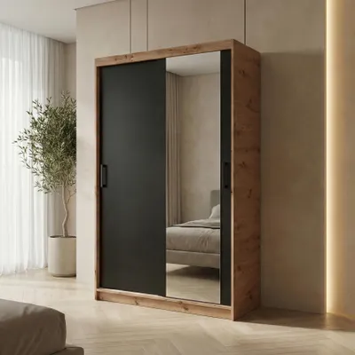 Produktbild von BEAUTYSOFA | Schwebetürenschrank HELA 100 cm Eiche Artisan + Schwarz – 2-türig Moderner Kleiderschrank mit Spiegel und Schiebetüren