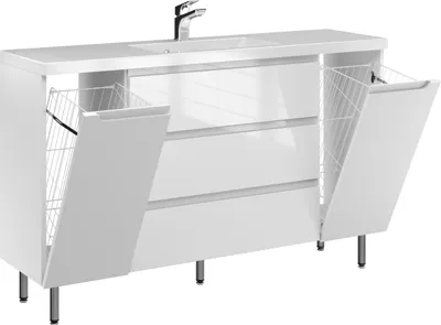 Produktbild von FURNI Waschtischunterschrank ETH 140 - Weiß Hochglanz - Stehender Badschrank mit Mineralguss-Waschbecken - Griffmulden - Vormontiert