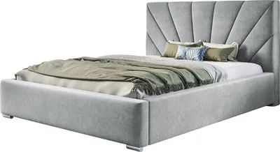 A grey upholstered bed with a decorative headboard and pillows, shown against a white background.