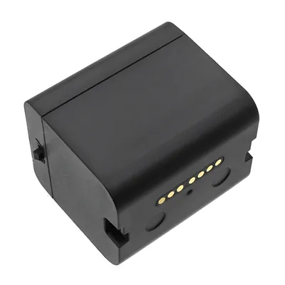 A black battery pack with gold contacts on a white background.