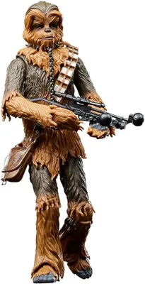 A full-body shot of a Chewbacca action figure holding a blaster rifle.