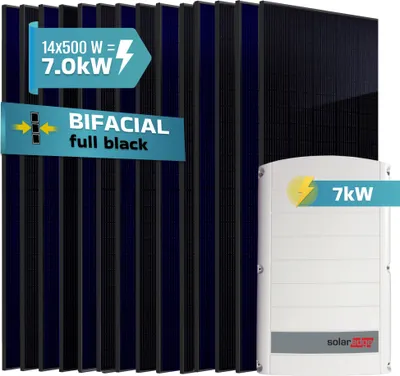 Produktbild von SUNNIVA® 7.0 kW Solaranlage, 14x 500 W Solarmodule Fullblack Bifacial, Wechselrichter SolarEdge SE7K (3-phasig)