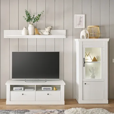 Produktbild von Wohnwand in Pinie weiß mit LED-Beleuchtung, 3-teilig, Landhaus-Stil - RAPLA-61