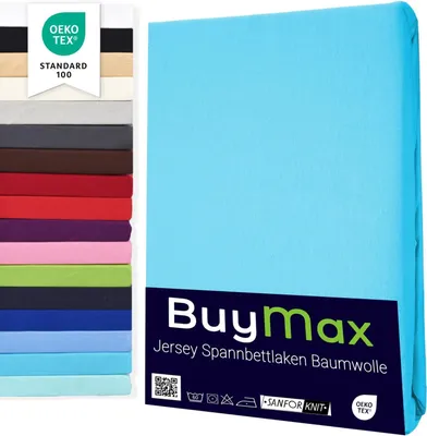 Produktbild von Buymax Topper Spannbettlaken Jersey Spannbetttuch 100% Baumwolle Bettlaken bis 12 cm Matratzenhöhe, 200x200 cm, Türkis