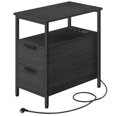 A dark wood and black metal side table with two drawers and a built-in power strip.