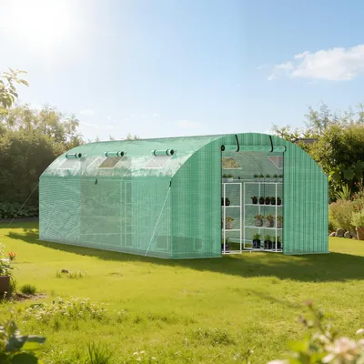 Productafbeelding van Vigevee Kas, foliekas met verzinkt stalen fundering, 3 x 6 meter - 18 m², inclusief grondankers en 6 oprolbare ramen met muggengaas, en 140 g/m² UV-bestendig. Tomatenkas