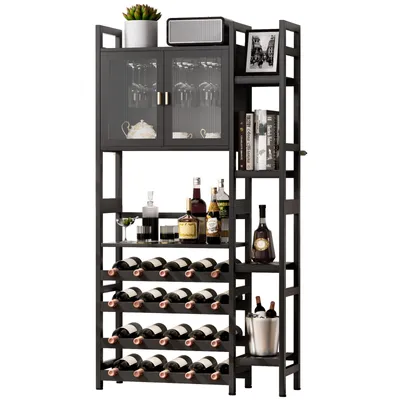 A black freestanding wine rack with glass doors and side shelves, displaying wine bottles and glasses.