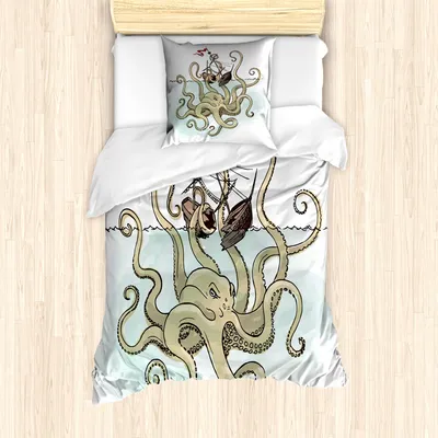 Produktbild von ABAKUHAUS Krake Mantele, Piraten-Schiff griechischer Mythos, Milbensicher Allergiker geeignet mit Kissenbezügen, 135 cm x 200 cm - 80 x 80 cm, Tan Hellgrün