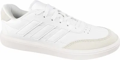 A white Adidas sneaker is shown from a side angle against a white background.