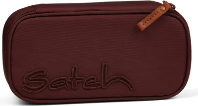 A burgundy pencil case with the brand name "Satch" embossed on the front and a small leather tag attached to the zipper.