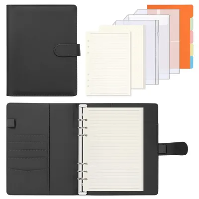 Produktbild von A5 Ringbuch Kunstleder Notizbuch Tagebuch mit 135 Blättern 100GSM Nachfüllpapier Organizer Planer Schwarz