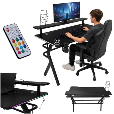 Image de Bureau de jeu avec extension LED RGB et supports pour ordinateur, idéal pour les joueurs, dimensions 120x60 cm
