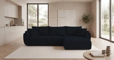 Image de Canapé d’angle SYDNEY droit noir velours côtelé Poso 135 - fonction couchage, coffre de rangement pour la literie