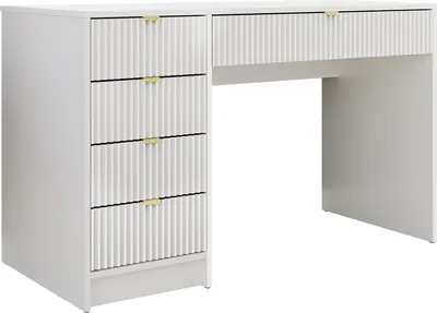 Produktbild von MIRJAN24 Schreibtisch / Schminktisch Tireno mit 5-Schubladen, Fronten gefräst, Aluminiumgriffe in der Farbe Gold, universell - Links / Rechts (Farbe: Weiß Velvet)