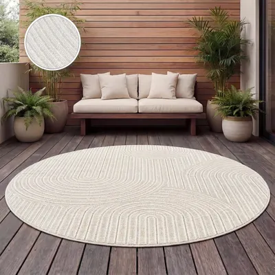 Produktbild von Outdoor Teppich Wetterfest Wohnzimmer Balkon Boho Skandi Design Regenbogen Creme Grösse 120 cm Rund