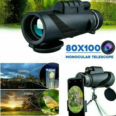 A collage of images showcasing a monocular telescope with various zoom capabilities and attachments.