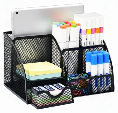 Schreibtisch-Organizer aus Metall, mit Schublade und 6 Fächern, schwarz