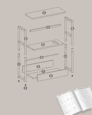 An exploded view of furniture parts with labels, suggesting an assembly instruction manual.
