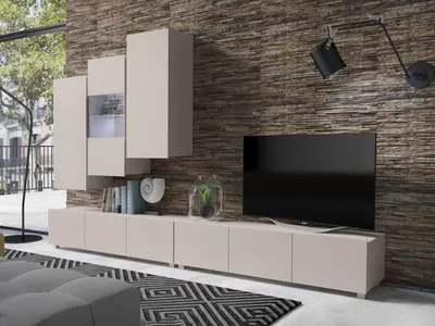 Produktbild von Wohnwand CALABRINI-17 Wohnzimmer-Set Hängewohnwand Schrankwand mit LED-Beleuchtung TV-Schrank Vitrine Moderne Anbauwand (Kaschmir)