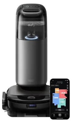 A robot vacuum cleaner with its charging/emptying station and a smartphone displaying its app interface.