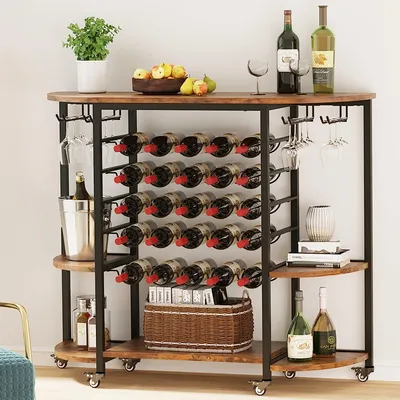 Produktbild von Iropro Weinregal, Weinschrank für 25 Flaschen, Weinständer mit Glashalter und Tischplatte, Weinregale auf Rollen, Wein Aufbewahrung, Barschrank Holz, 119 x40 x 101 cm