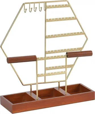 Produktbild von Famanu Schmuckständer sechseckig - Gold - Ohrringe Halter - 7 Ohrringe Organizer - Holz Armbandständer auf Sockel - Schmuckaufbewahrung mit Ketten