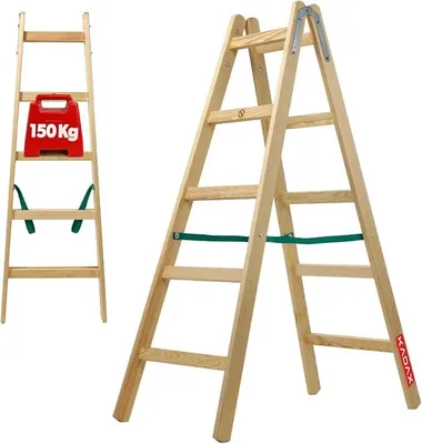 Produktbild von Holzleiter, Bockleiter bis 150 kg, klappbare Malerleiter, Doppelstufenleiter mit Stahlhaken, Elektrikerleiter, Stehleiter, Haushaltsleiter (5 Stufen)