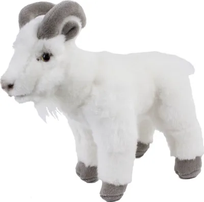 A plush toy goat standing on a white background.