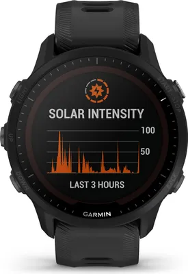 Produktbild von Garmin Smartwatch Forerunner 955 Solar schwarz, Silikonarmband, CFK Gehäuse, Corning Gorilla Glass DX, 46.5x46.5x14.4mm, 53g, 1.3 Zoll Display, Handgelenk 130-220mm, rund, Einzeldornschließe, Multisport, Android/iOS/Garmin Connect kompatibel