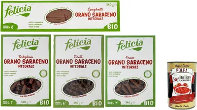 Produktbild von Felicia Pasta Testpaket Saraceno Integrale, Pasta mit 100% Buchweizen, Natürlich Glutenfrei,Packung mit 4x 340g + Italian Gourmet Polpa di Pomodoro 400g Dose