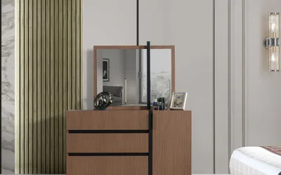 Productafbeelding van Moderne bruine nachtkastje/commode voor in de slaapkamer, met 3 lades en 1 deur, van hout