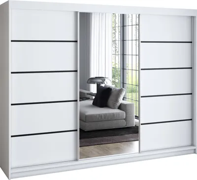 Produktbild von Schwebetürenschrank 200 cm, 3-türig, mit Spiegel & 4 Schubladen, Retro-Stil, modern, in Weiß/Schwarz/Sonoma – Kleiderschrank VILUNO 2