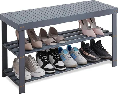 Produktbild von Schuhbank aus Bambus mit Sitzbank, Schuhregal 3 Ablagen, Flur 86x28.5x45.5cm Grau