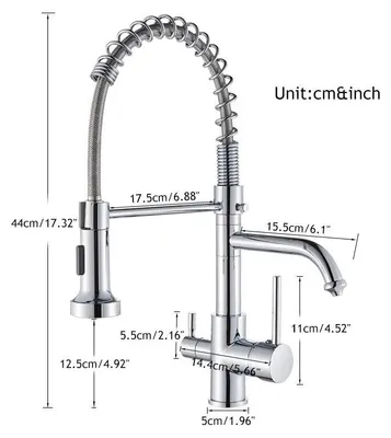 Produktbild von Küchenarmatur Wasserhahn mit Filter - Ausziehbare Spültischarmatur - 2 Griffe - Heiß und Kalt - 360° schwenkbar - Einloch Deckmontage - Chrom