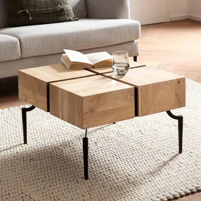 Obrázek produktu pro FineBuy Konferenční stolek z přírodního masivního akáciového dřeva, čtvercový, 60 x 60 cm · moderní stolek do obývacího pokoje, 4 bloky · designový stolek s kovovými nohami v industriálním stylu
