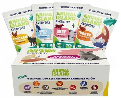 Productafbeelding van ANIMAL ISLAND, droogvoer voor katten, met rundvlees/kip/kipfilet/vis, 80 x 85 gram
