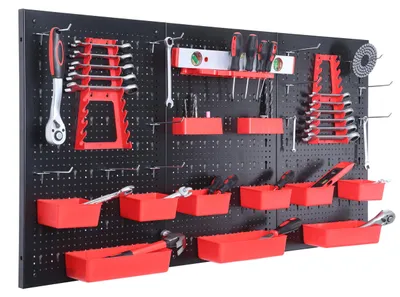 Immagine prodotto di Relaxdays Pannello portautensili, 3 pannelli forati, 26 pezzi di accessori, A x L: 60 x 40 cm, metallo, pannello forato per utensili, officina, nero/rosso