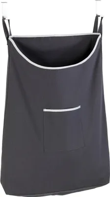 A dark gray fabric laundry bag with white trim hangs from two white hooks.