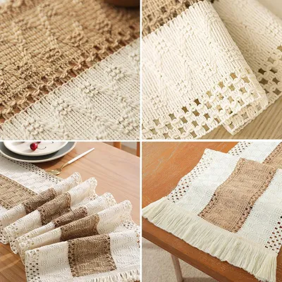 Produktbild von Rustikale Tischdecke mit Quasten für Esstisch und Dekoration - Baumwoll-Leinen in Beige und Braun