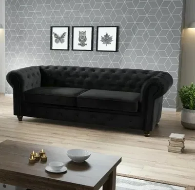 Produktbild von Easy4You Chesterfield Schwarzer Plüsch Velvet 3-Sitzer Sofa 225x74x88 cm Sofas für Wohnzimmer Sofagarnituren mit Holzfüße Set Sofas & Couches