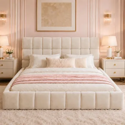 Immagine prodotto di Letto imbottito Flieks 140x190 cm con rete a doghe, letto matrimoniale per ragazzi con testiera imbottita, letto per bambini in legno con bordatura imbottita, velluto, beige