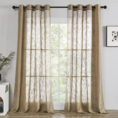 Produktbild von Unyqoos® Voile-Vorhang Set (2 Stück) – halbtransparente Gardine mit Ösen, Leinenstruktur, 100% Polyester, lichtdurchlässig, Taupe, 245 x 140 cm (H x B)