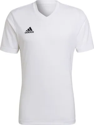 A white Adidas t-shirt with a black Adidas logo on the left chest, displayed against a white background.