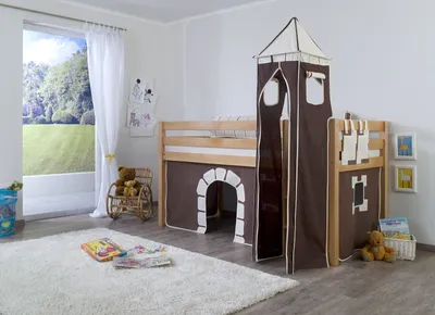 Produktbild von Halbhohes Einzelbett Alex Buche massiv 90x200 cm Natur lackiert mit Stoff-Set
