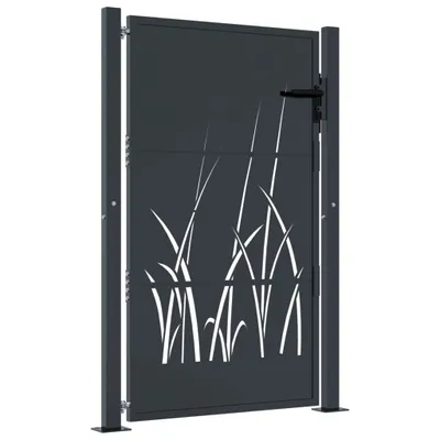 A dark gray metal garden gate with a cut-out grass design, shown against a white background.