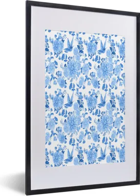 Produktbild von MuchoWow® MuchoWow® Gerahmtes Poster Blumen - Muster - Blau 40x60 cm - Poster mit zchwarzem Bilderrahmen - Poster in Rahmen