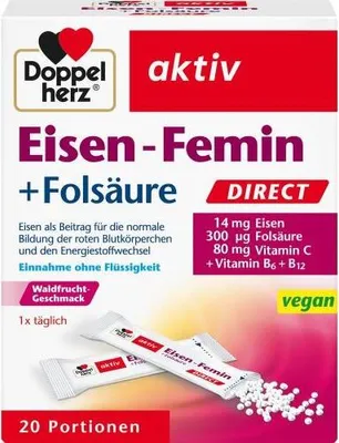 A box of Doppelherz Eisen-Femin Direct Pellets, showing the packaging and two individual sachets of the product.