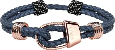 Armband für Kletterer und Boulderer von 8b+; aus geflochtenem Material in Blau mit roségoldenen Akzenten.
