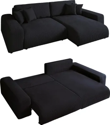 Produktbild von Ecksofa Schlaffunktion ausziehbar Bettkasten Polsterecke L-Couch in Cord Schwarz / 21008