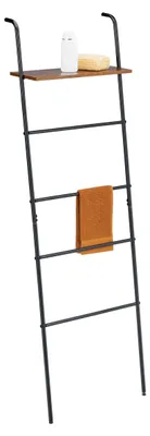Image de Échelle à serviettes, 4 échelons, tablette, H x l x P : 150 x 45,5 x 20 cm, métal, échelle à linge de style industriel, noir/marron